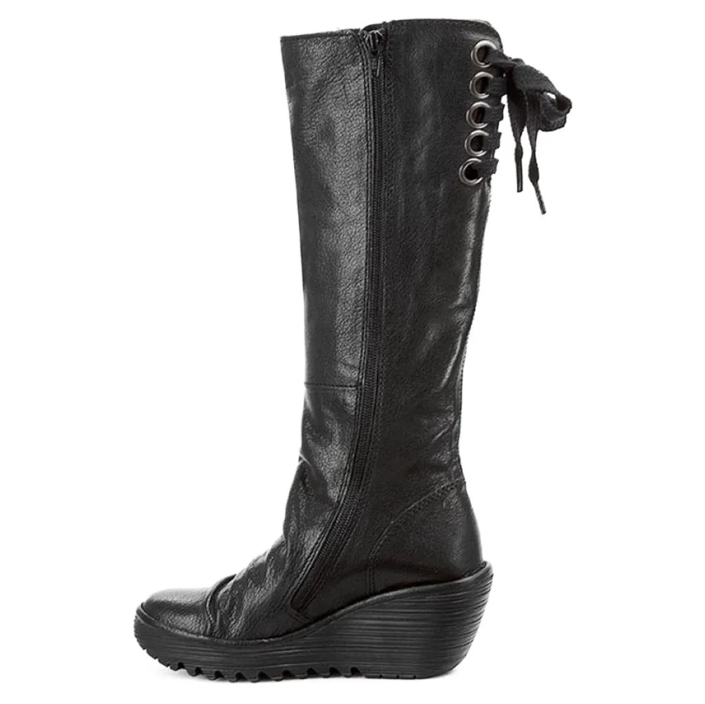 Fly London Yust Mousse Leder Damen Keilabsatz Stiefel Wadenhohe