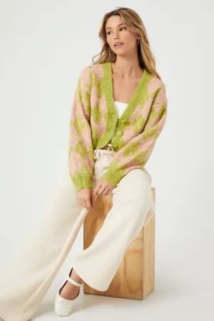 Forever 21 Strick Cardigan mit Argyle-Muster für Damen Grün/Rosa Forever 21
