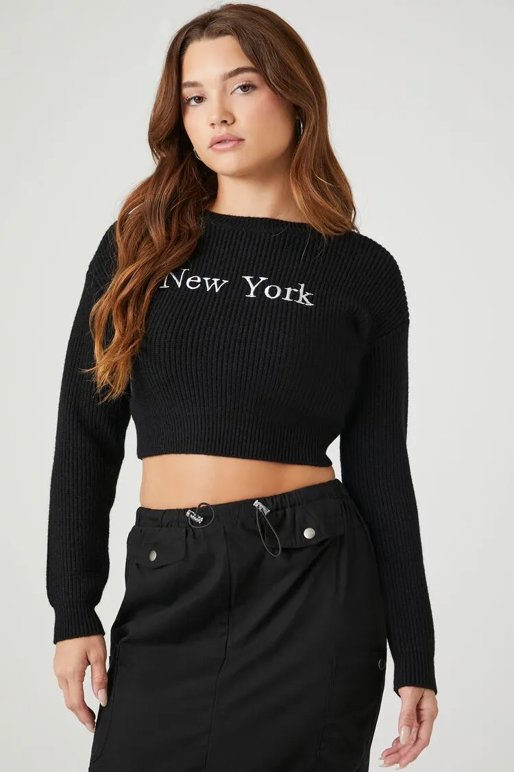 Forever 21 Strick Damen Crop New York Pullover Schwarz/Weiß Forever 21