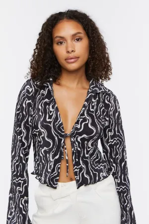 Forever 21 Damen Top mit abstraktem Druck und Bindegürtel in Schwarz/Vanille Forever 21