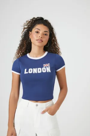 Forever 21 Damen Cropped London Ringer T-Shirt Blau Forever 21