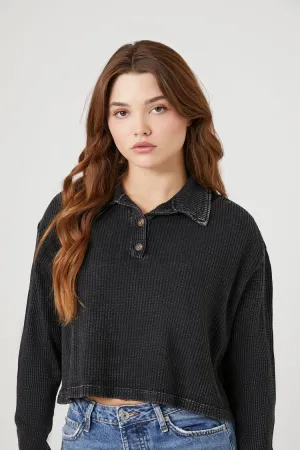 Forever 21 Damen Cropped Thermik Henley Top Schwarz Forever 21