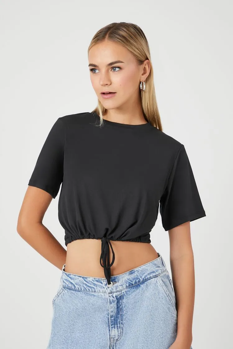 Forever 21 Damen Crop Top mit Kordelzug und kurzen Ärmeln in Schwarz Forever 21