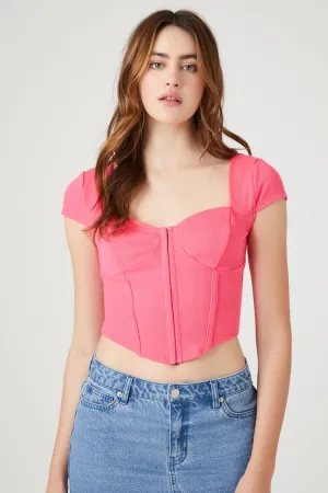 Forever 21 Damen Rippstrick-Haken-und-Öse-Korsett-Crop-Top in Knallrosa von Forever 21