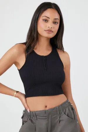 Forever 21 Damen Rippendes Halb-Zip Crop Top Schwarz Forever 21