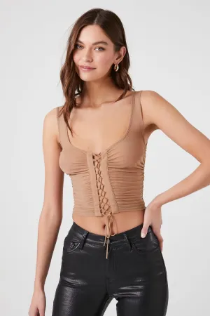 Forever 21 Damen Spitzen Crop Top mit Schnürung Braun Forever 21
