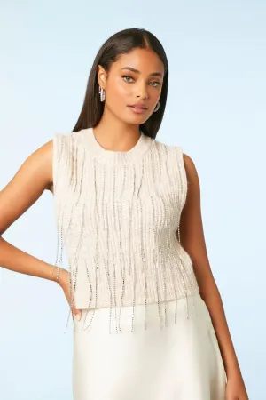 Forever 21 Damen Strickpullover mit Strassbesatz und Fransen Crop Top Oatmeal/Mehrfarbig Forever 21