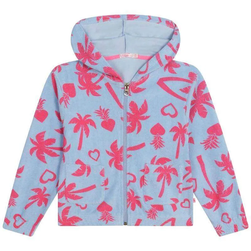 Mädchen Kapuzenjacke aus Frottee mit Palmenmuster in Blau & Rosa