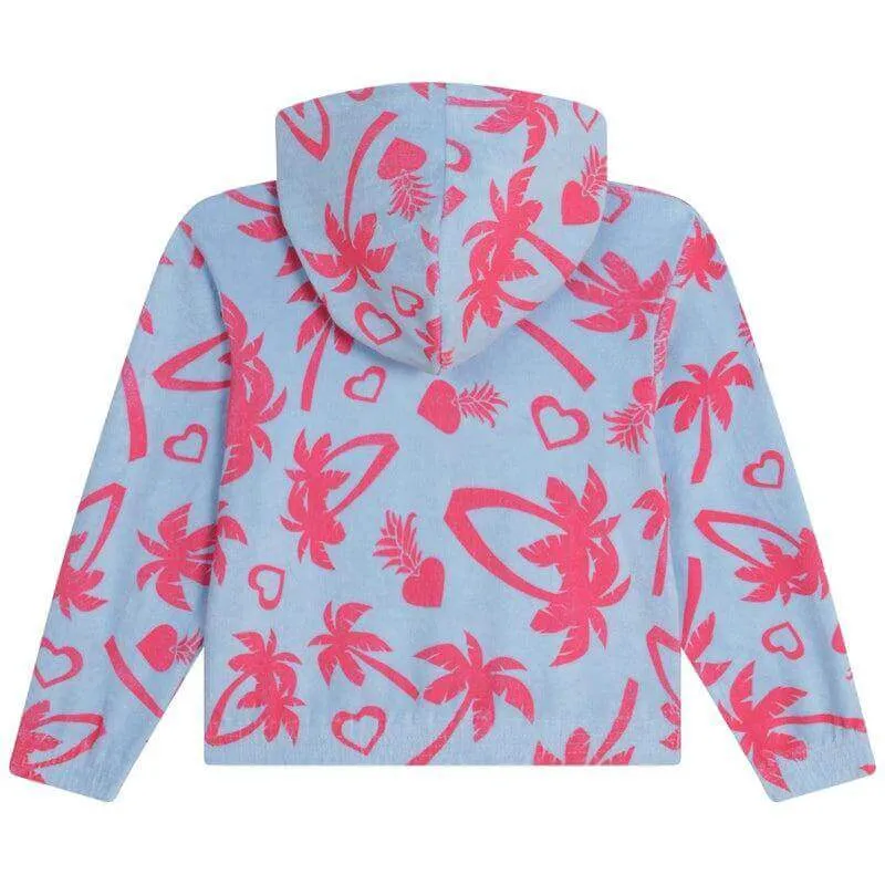 Mädchen Kapuzenjacke aus Frottee mit Palmenmuster in Blau & Rosa