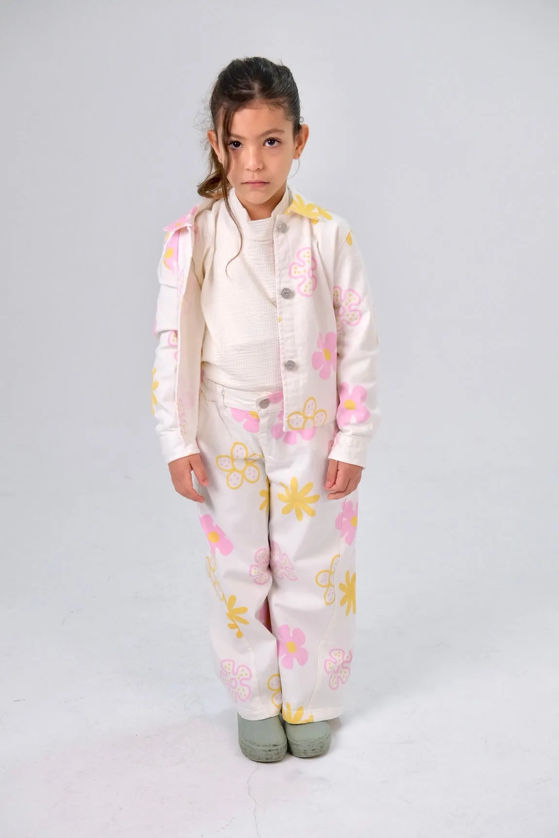 Mädchen Bedruckte Gabardine Jacke – Offwhite mit Blumen