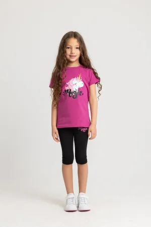 Mädchen ärmelloser Pyjama-Set – Fuchsia mit Einhorn-Print
