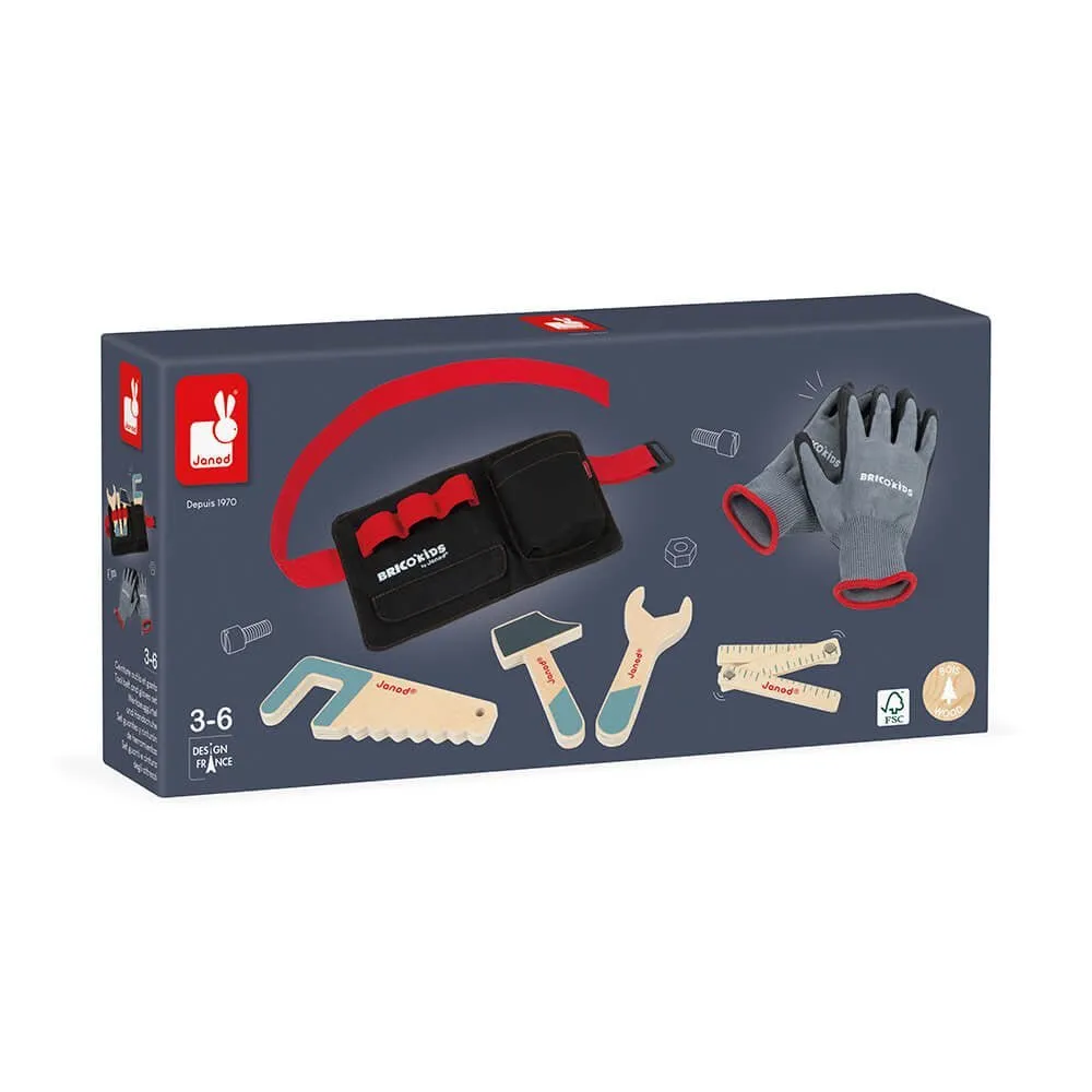 Janod: Briko Kinder-Werkzeuggürtel mit Holzspielzeug & Handschuhen Set