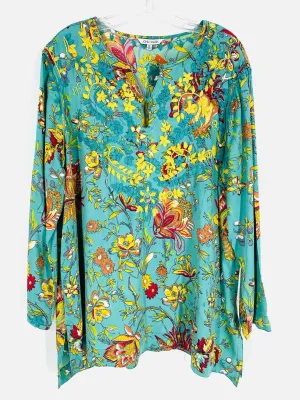 John Mark Größe XL Türkis/Gelb Bestickte Blumen Tops Langarm-Shirt 3/4