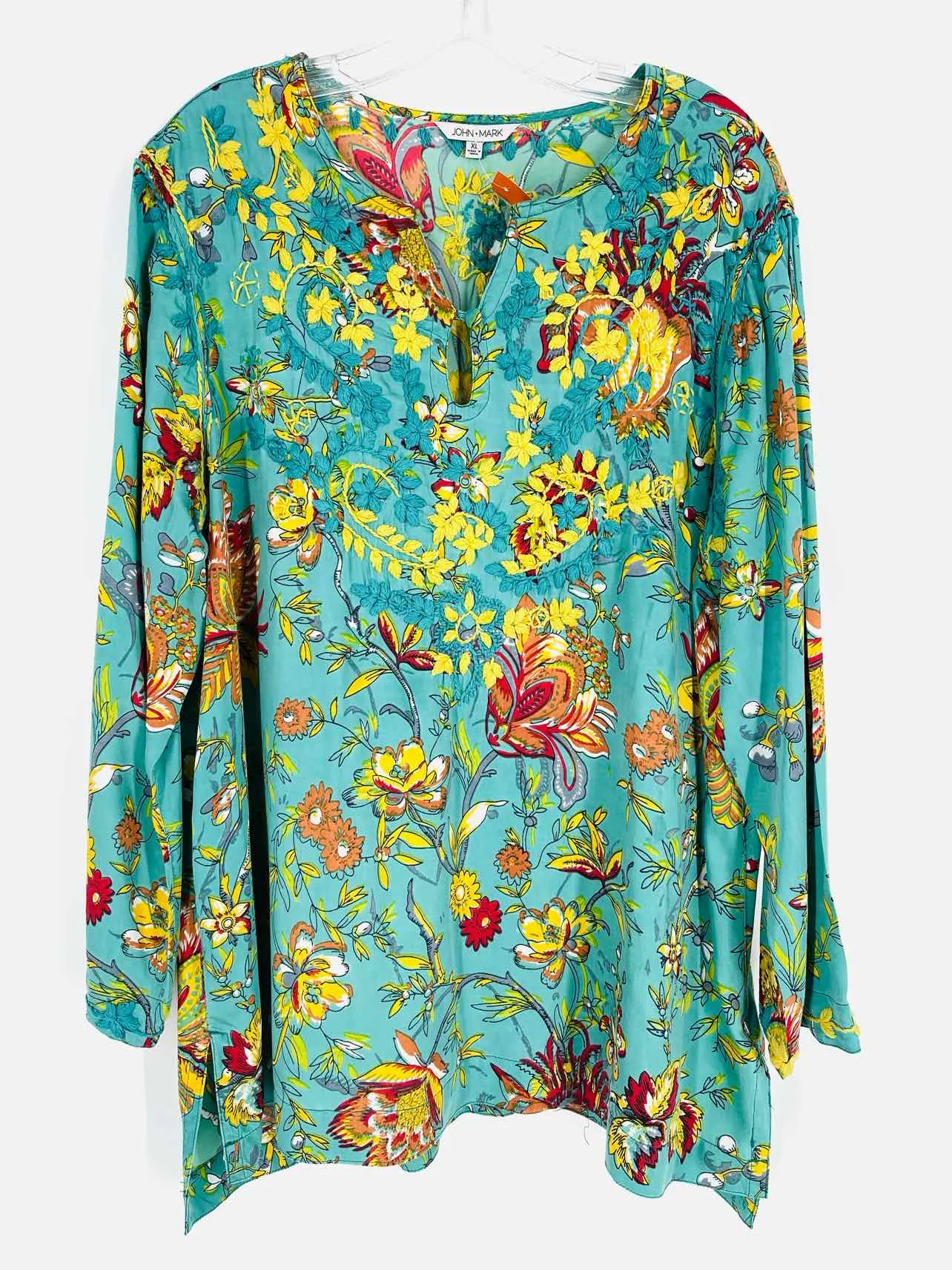 John Mark Größe XL Türkis/Gelb Bestickte Blumen Tops Langarm-Shirt 3/4