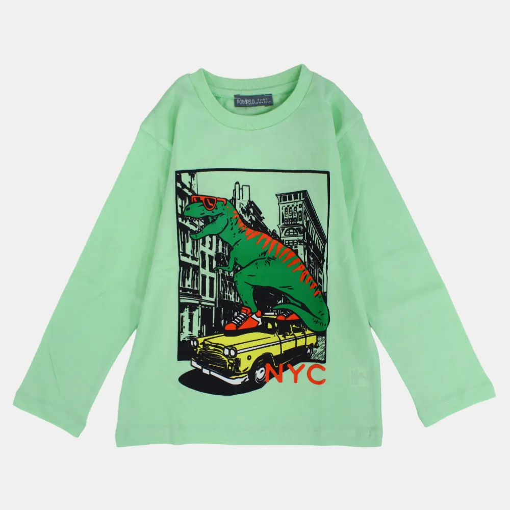 Kinder Jungen Baumwoll Langarm T-Shirt – Zitronengrüner Dino Druck