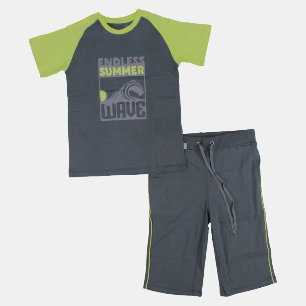 Kinder Jungen Kurzarm Baumwoll Schlafanzug-Set – Grau (Sommermotiv)