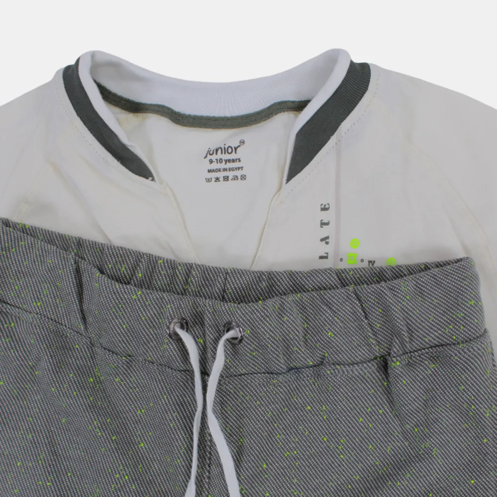 Kinder Jungen Kurzarm-Baumwoll-Pyjama-Set – Off-White/Grau