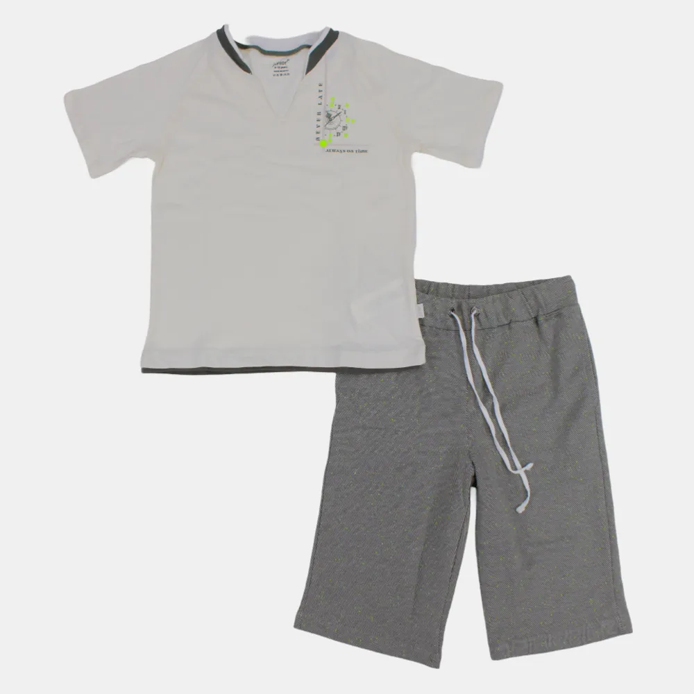 Kinder Jungen Kurzarm-Baumwoll-Pyjama-Set – Off-White/Grau