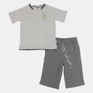 Kinder Jungen Kurzarm-Baumwoll-Pyjama-Set – Off-White/Grau
