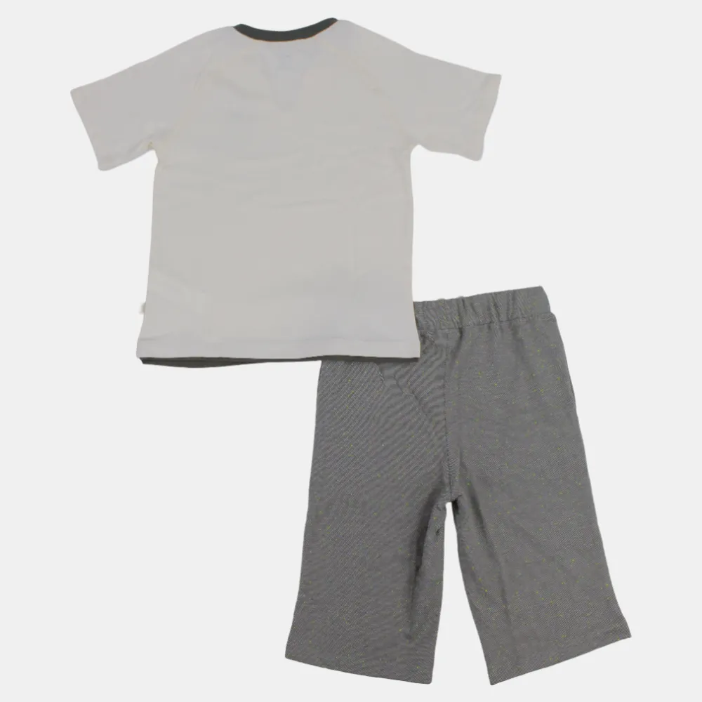 Kinder Jungen Kurzarm-Baumwoll-Pyjama-Set – Off-White/Grau