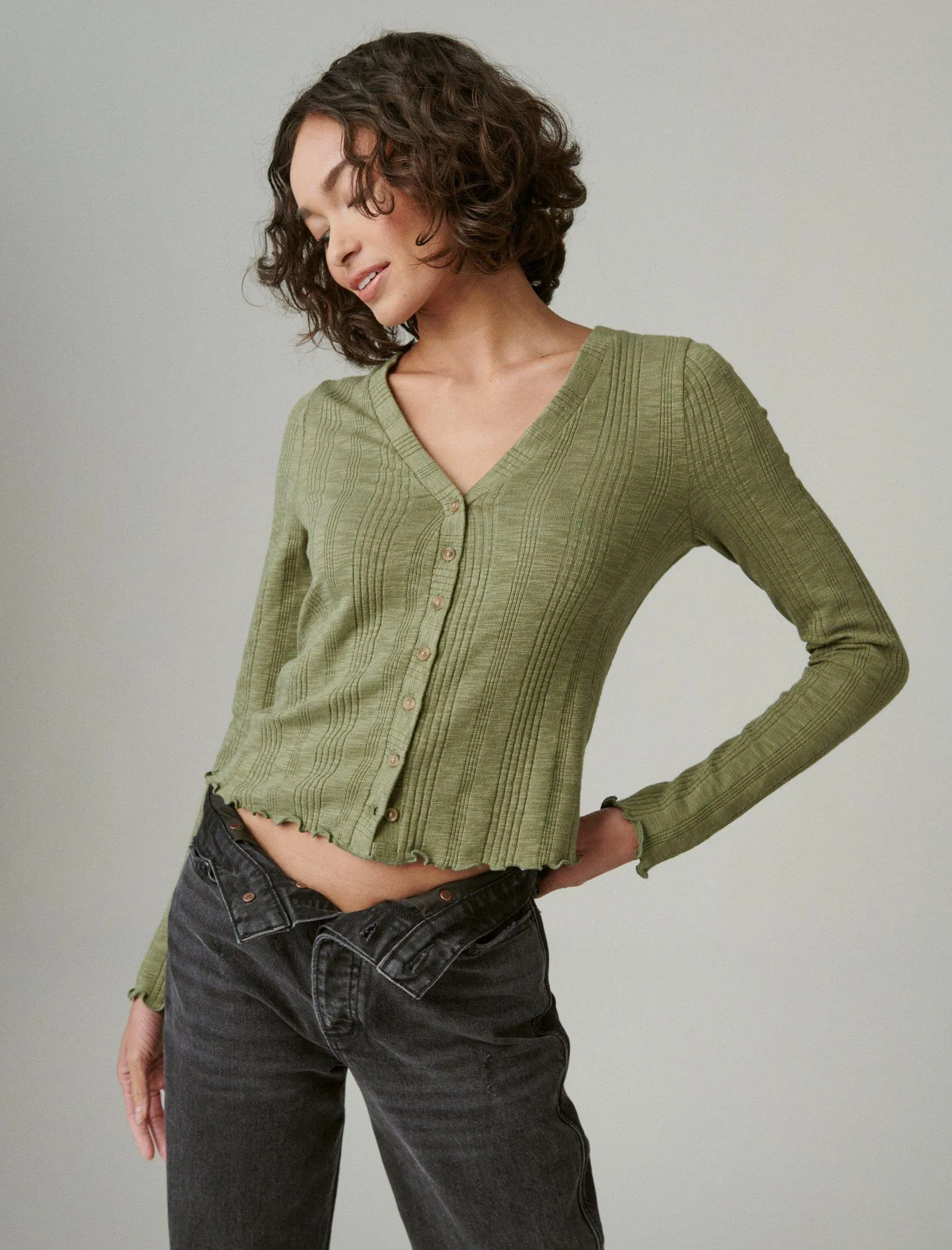 Lucky Brand Langarm Strick Cardigan Top Dunkles Moosgrün Lucky Brand