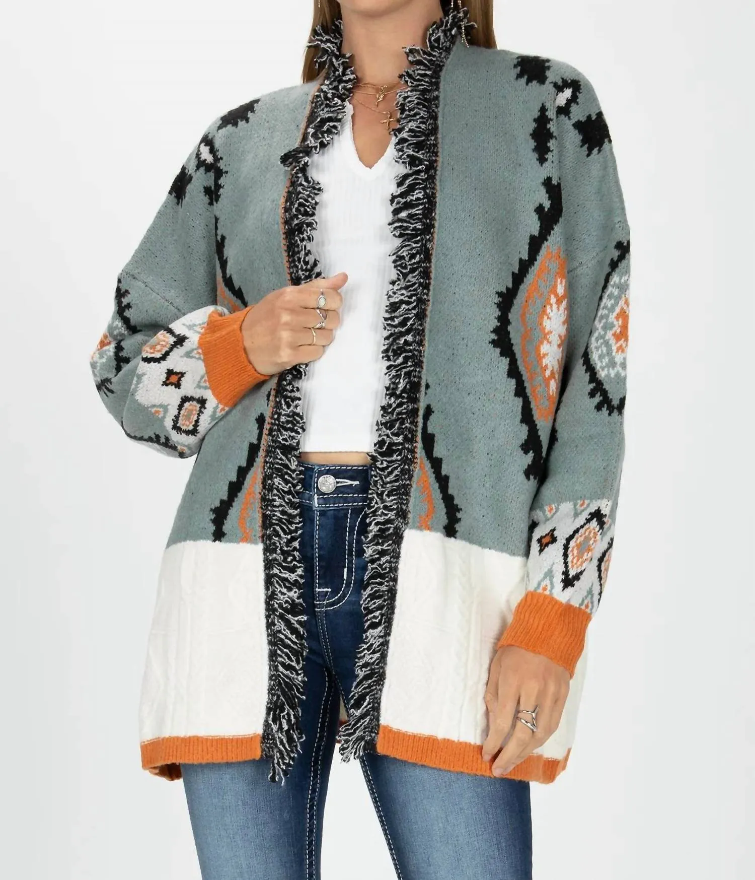 Übergroße Azteken-Strickjacke in Jadegrün