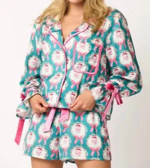 Santa und Schleifen Druck Pyjama-Set in Petrol