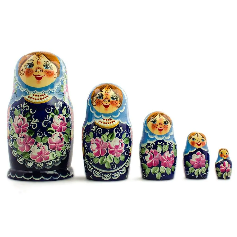 Set aus 5 blauen Blumenkleid-Mädchen Holz-Matrioshkas 7 Zoll Babykids_Bestpysanky
