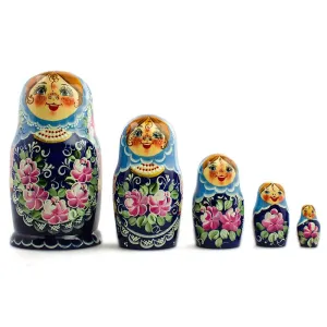 Set aus 5 blauen Blumenkleid-Mädchen Holz-Matrioshkas 7 Zoll Babykids_Bestpysanky