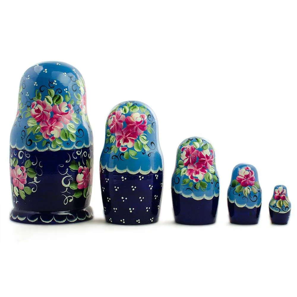 Set aus 5 blauen Blumenkleid-Mädchen Holz-Matrioshkas 7 Zoll Babykids_Bestpysanky