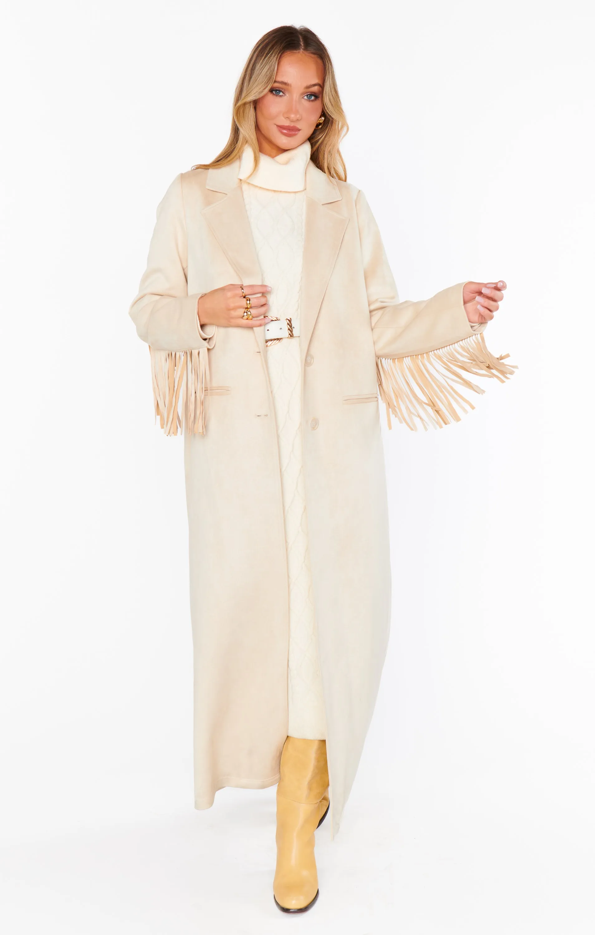 Sierra Fringe Maxi Jacke ~ Creme Kunstwildleder