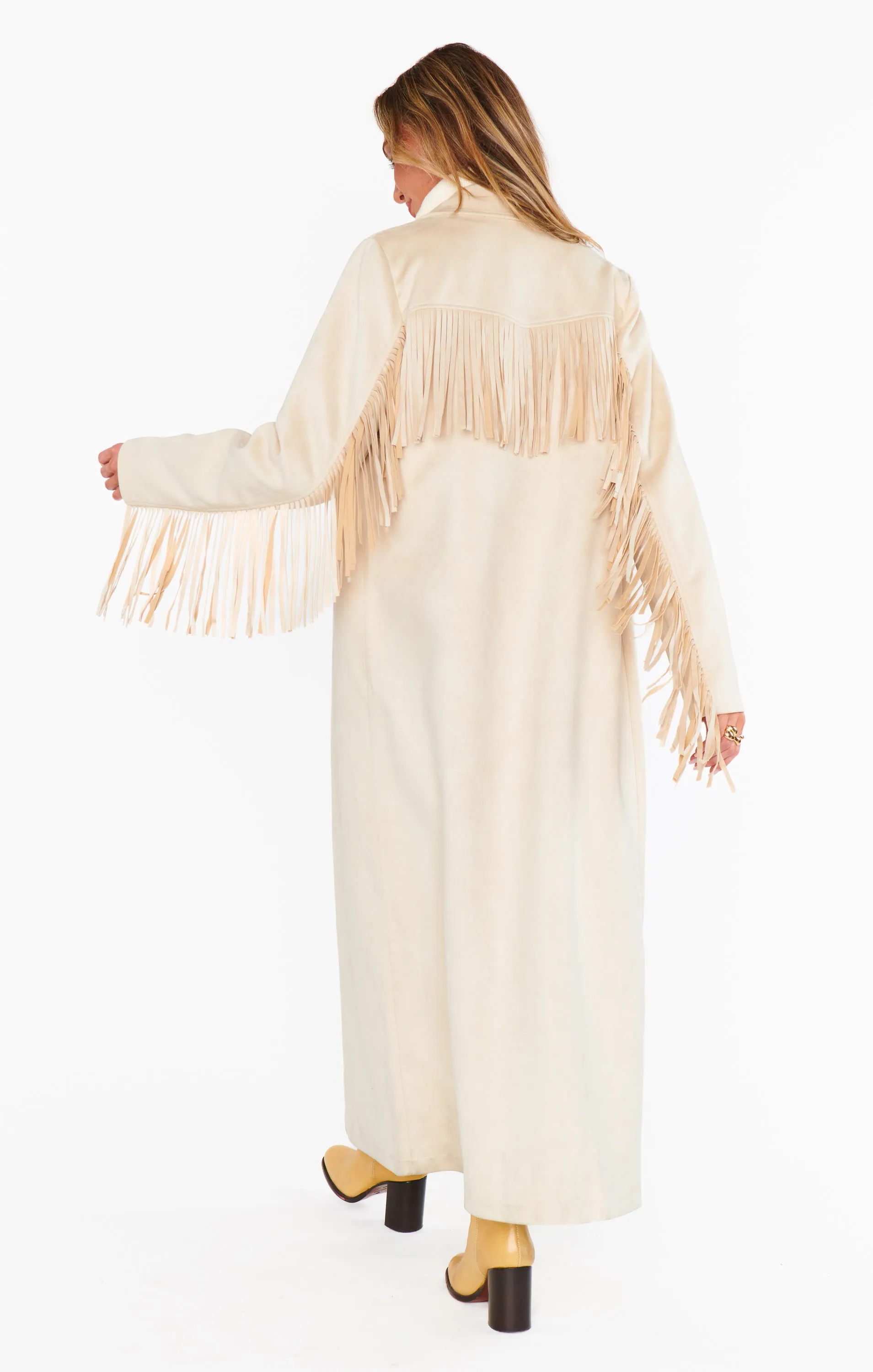 Sierra Fringe Maxi Jacke ~ Creme Kunstwildleder