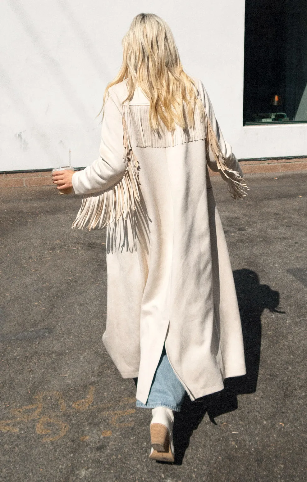 Sierra Fringe Maxi Jacke ~ Creme Kunstwildleder