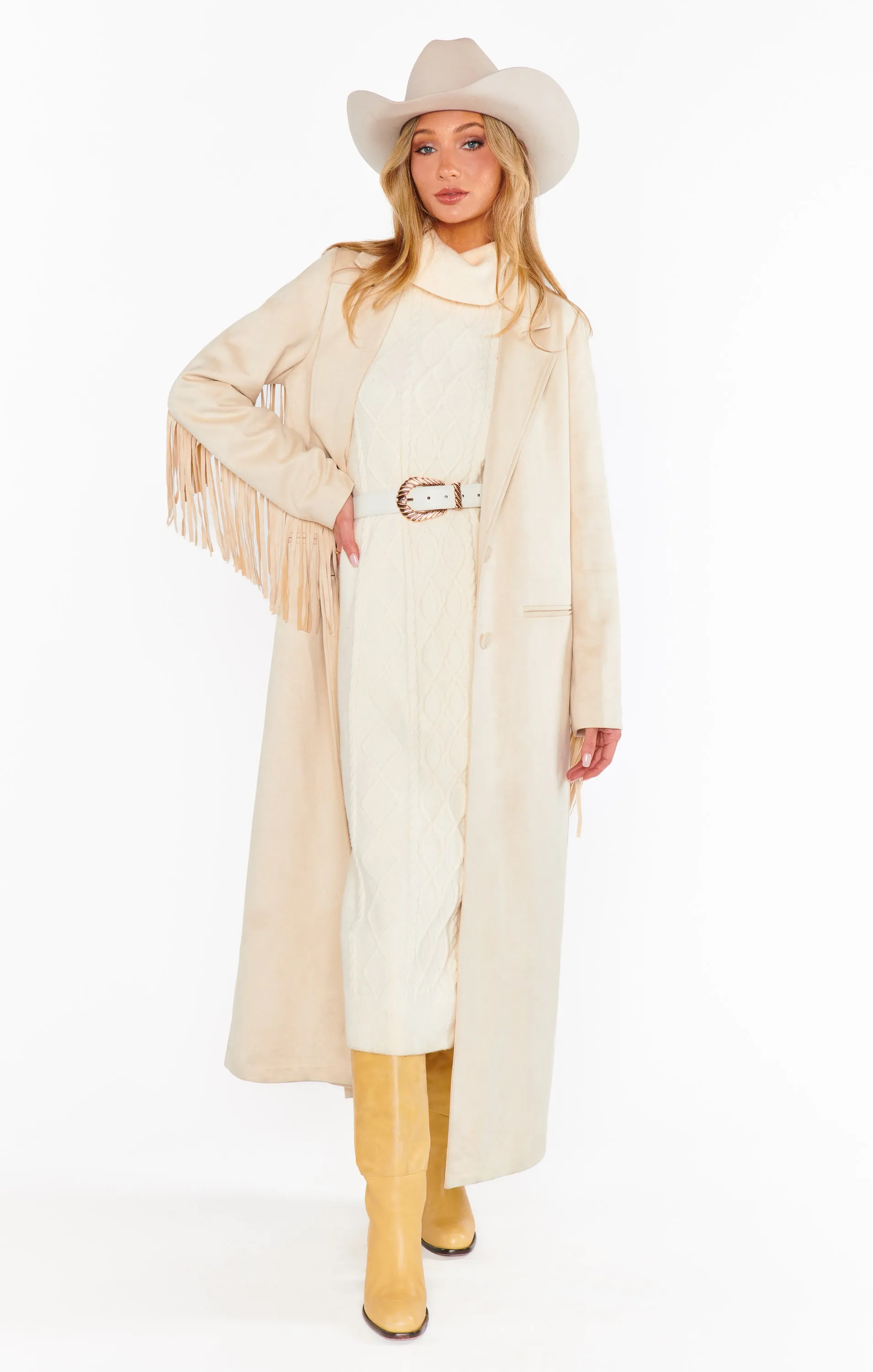 Sierra Fringe Maxi Jacke ~ Creme Kunstwildleder