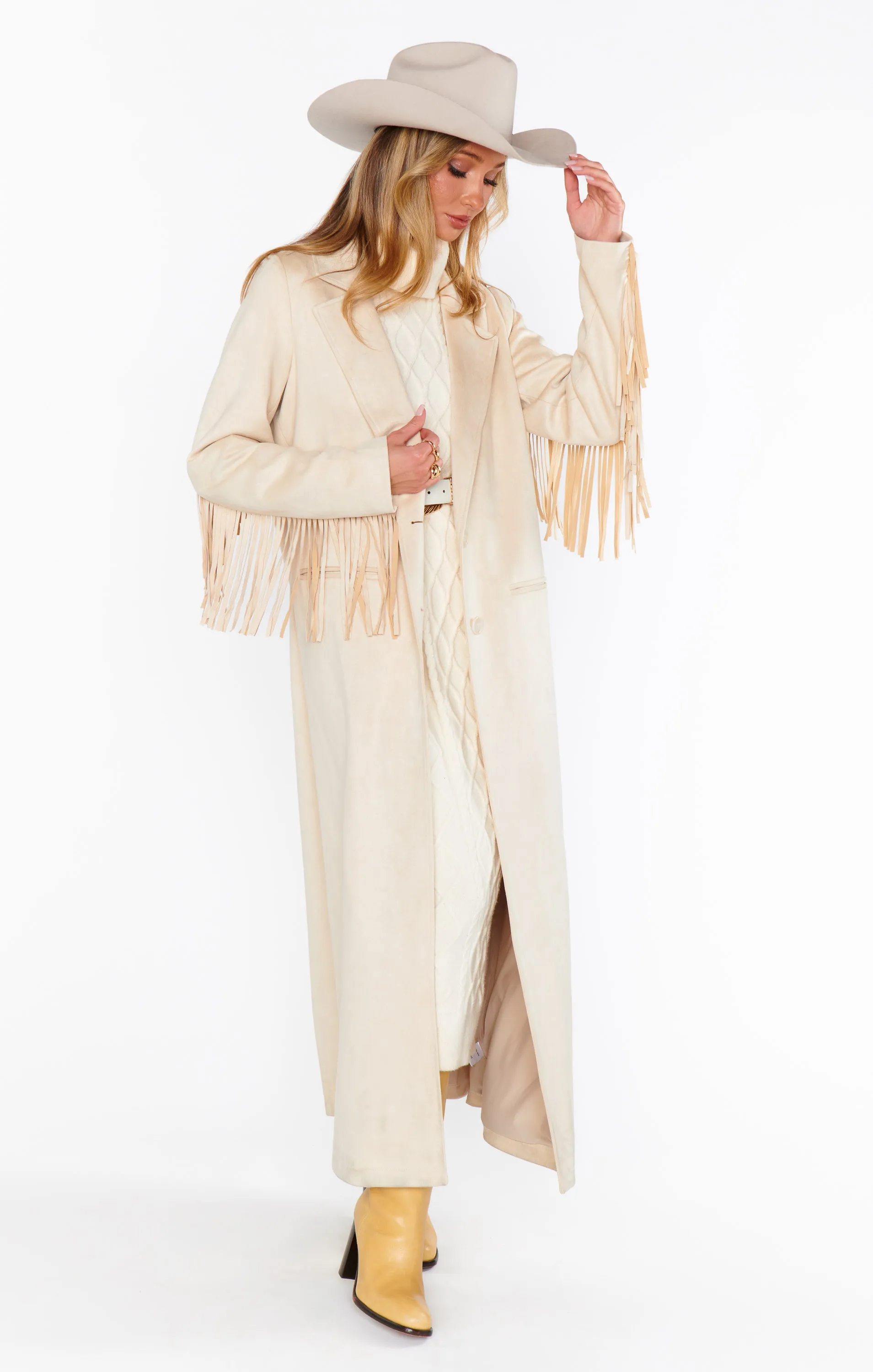 Sierra Fringe Maxi Jacke ~ Creme Kunstwildleder