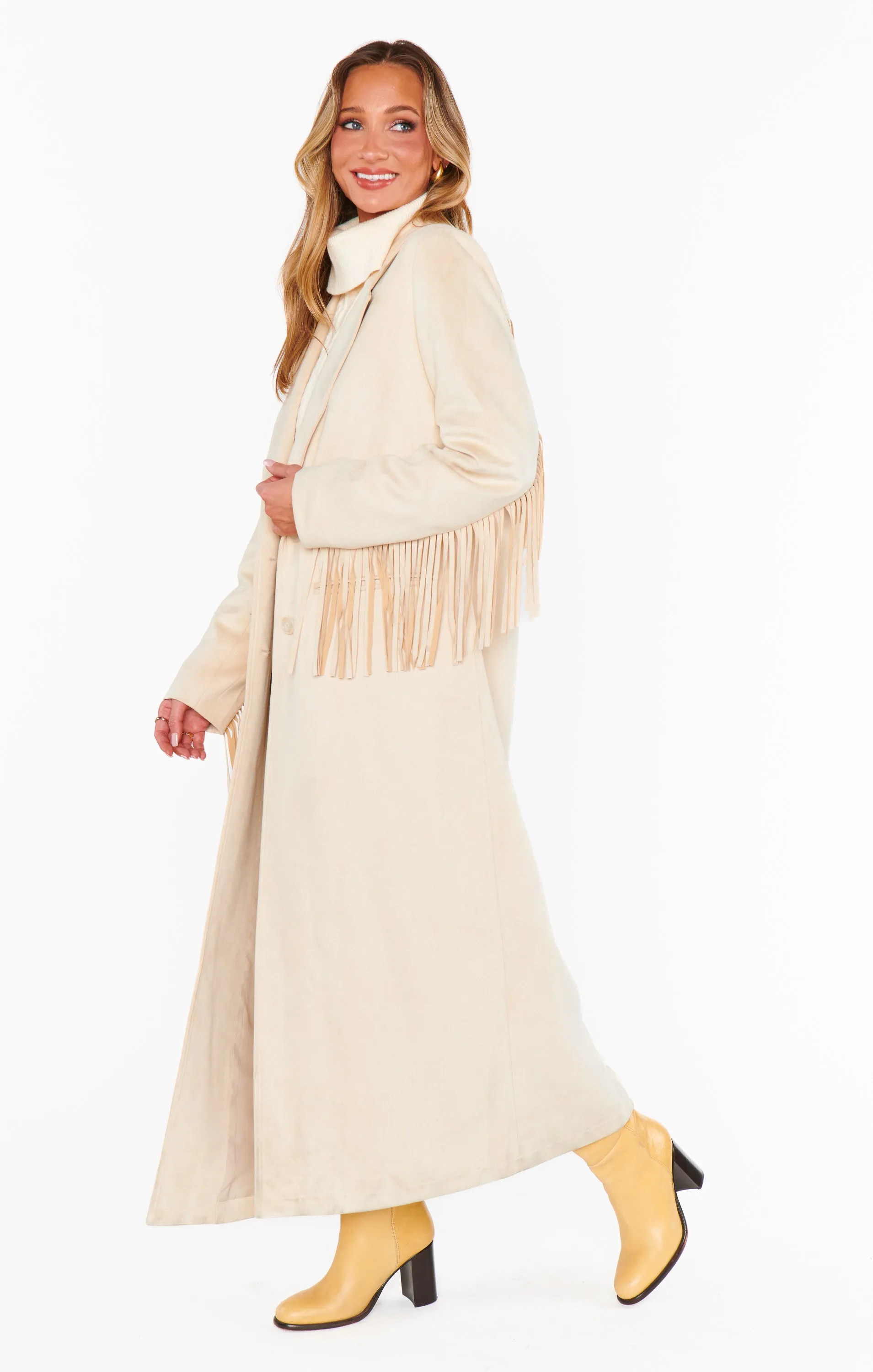 Sierra Fringe Maxi Jacke ~ Creme Kunstwildleder