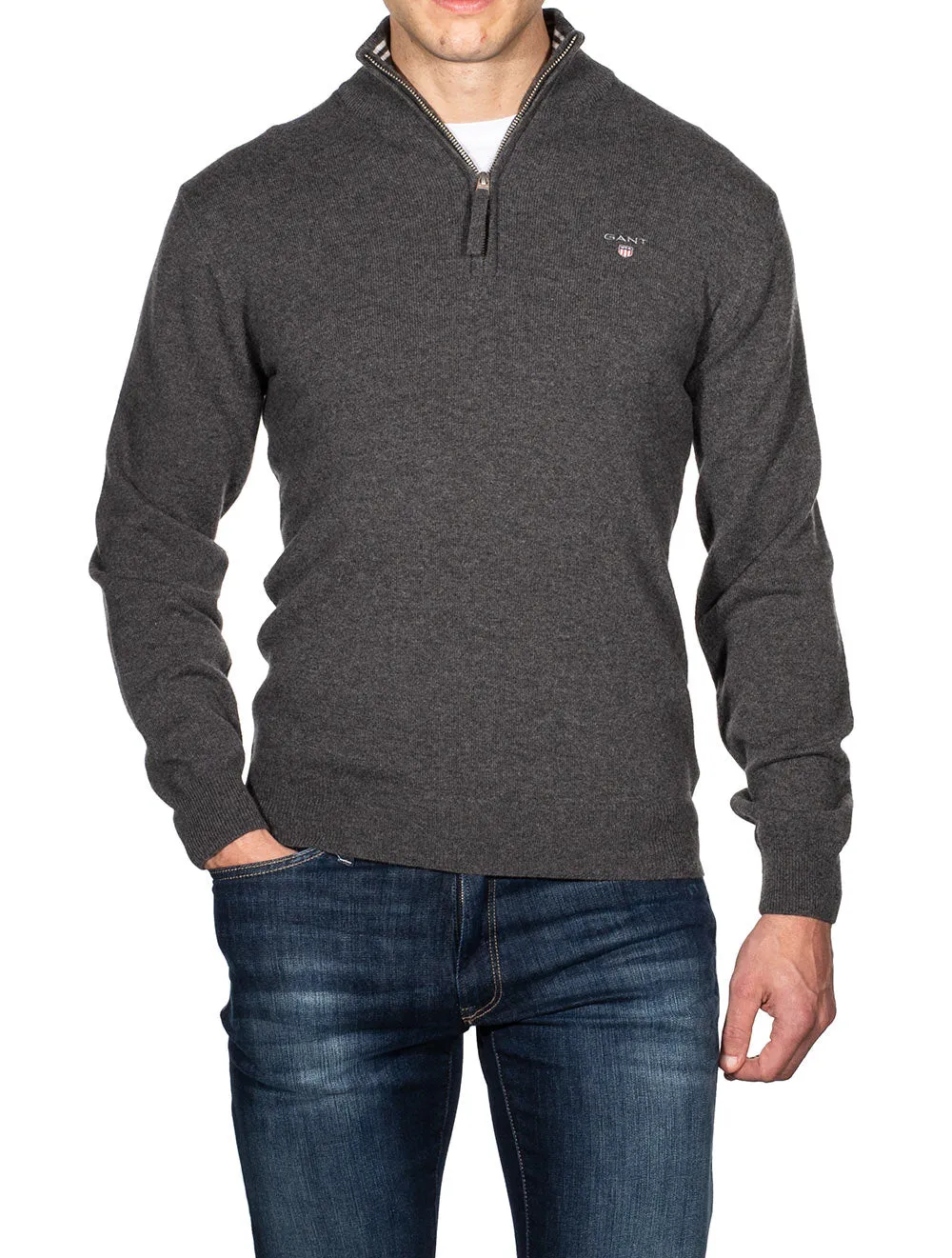 Superfeines Lambswool-Halbzip-Pullover Anthrazit Melange