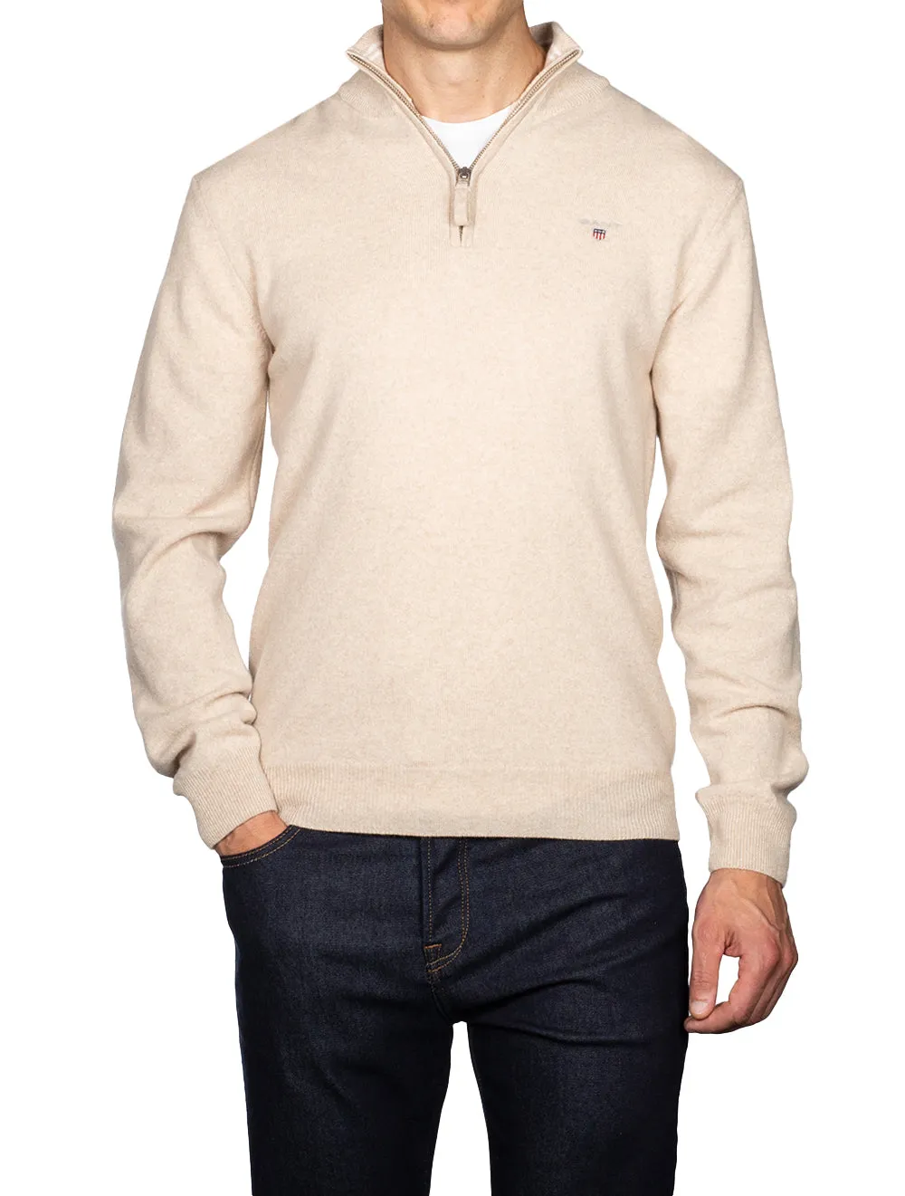 Superfeines Lambswool-Halbzip-Pullover Dunkler Sand Melange