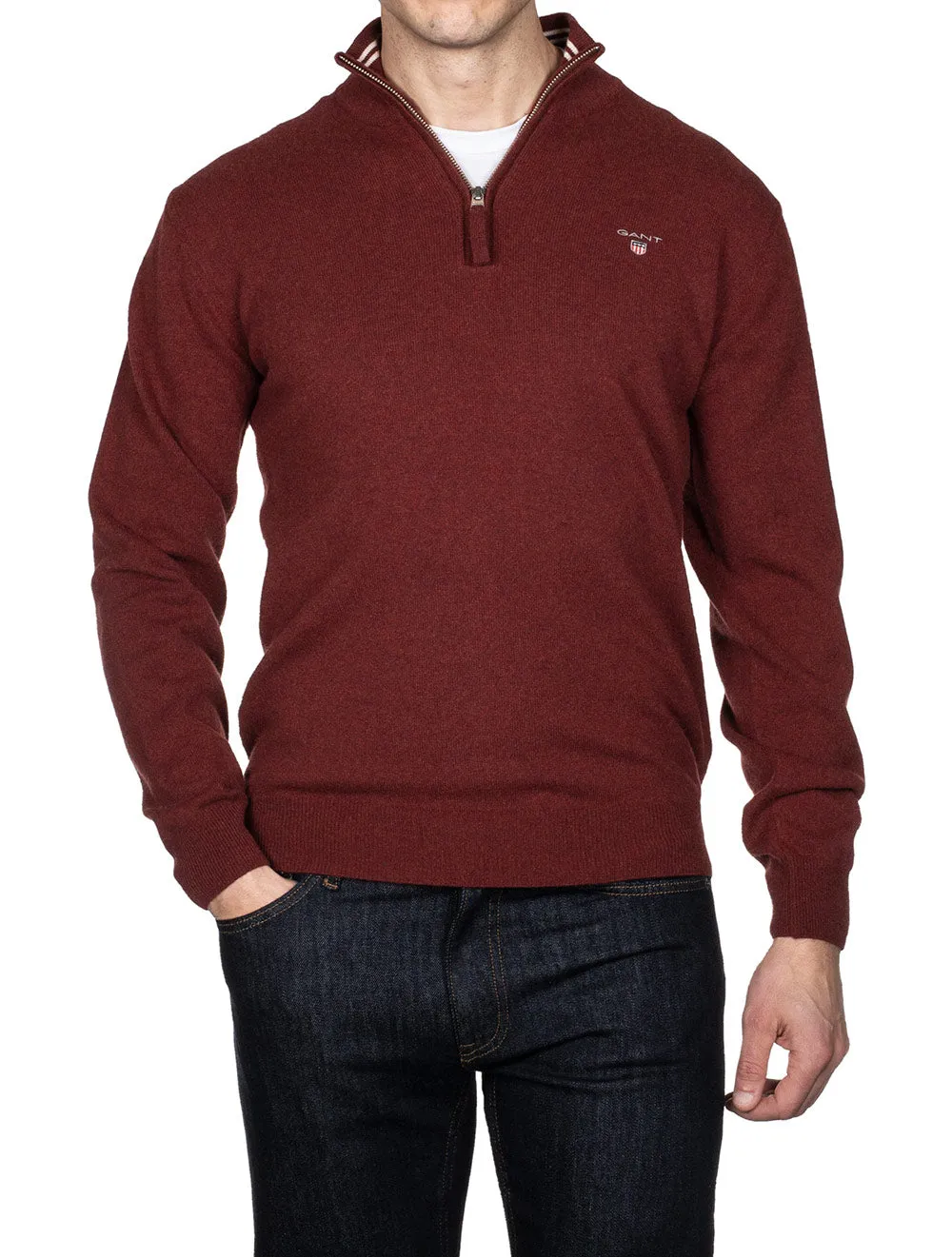 Superfeines Lambswool-Halbzip-Pullover in Portrot