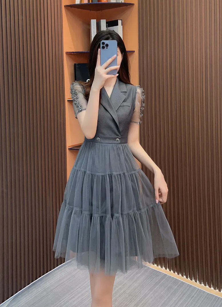 Damen Elegantes Kurzarmkleid mit Patchwork und Mesh-Einsätzen