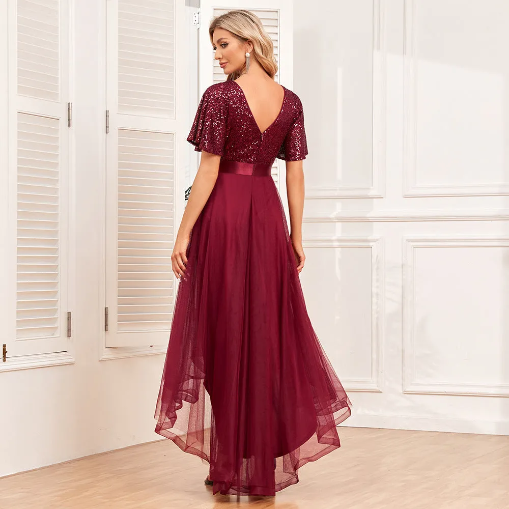 Damen elegantes V-Ausschnitt Rüschen Abendkleid