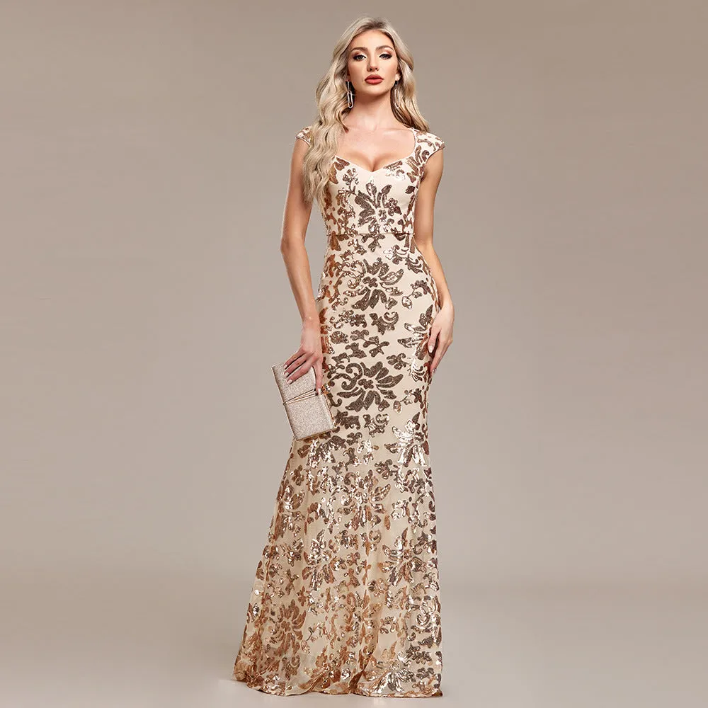 Damen Abendkleid Gold Glitzer Meerjungfrau Festkleid