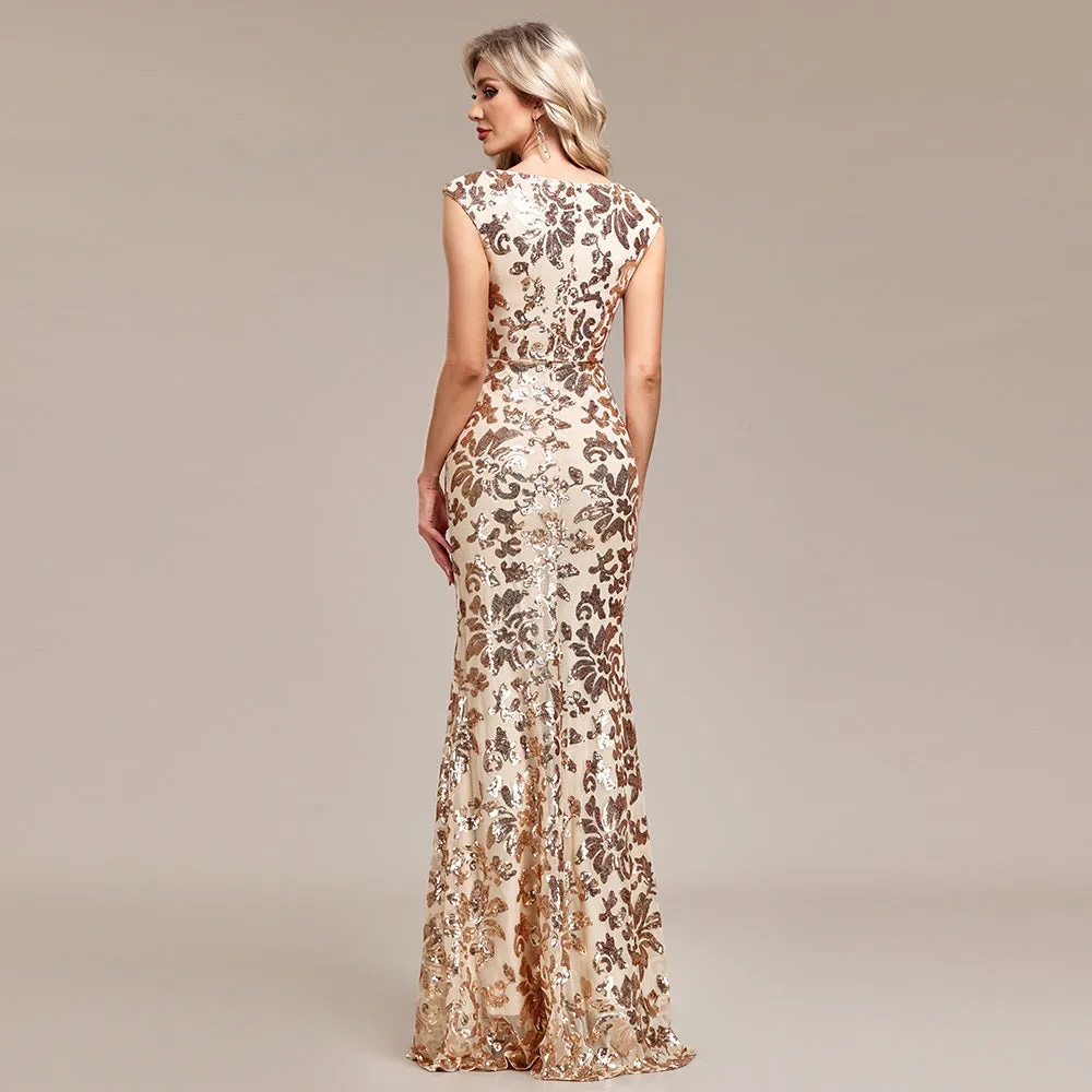 Damen Abendkleid Gold Glitzer Meerjungfrau Festkleid