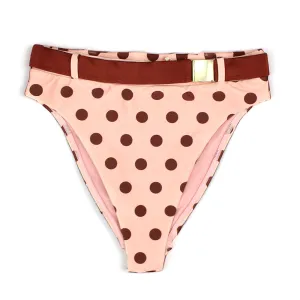 Damen-Bikiniunterteil mit Gürtel und Punkten, hohe Taille, Rosa