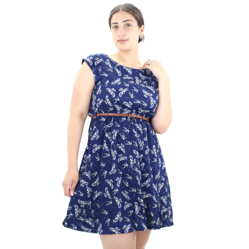 Damen-Vogelprint-Kleid mit Gürtel, Marineblau