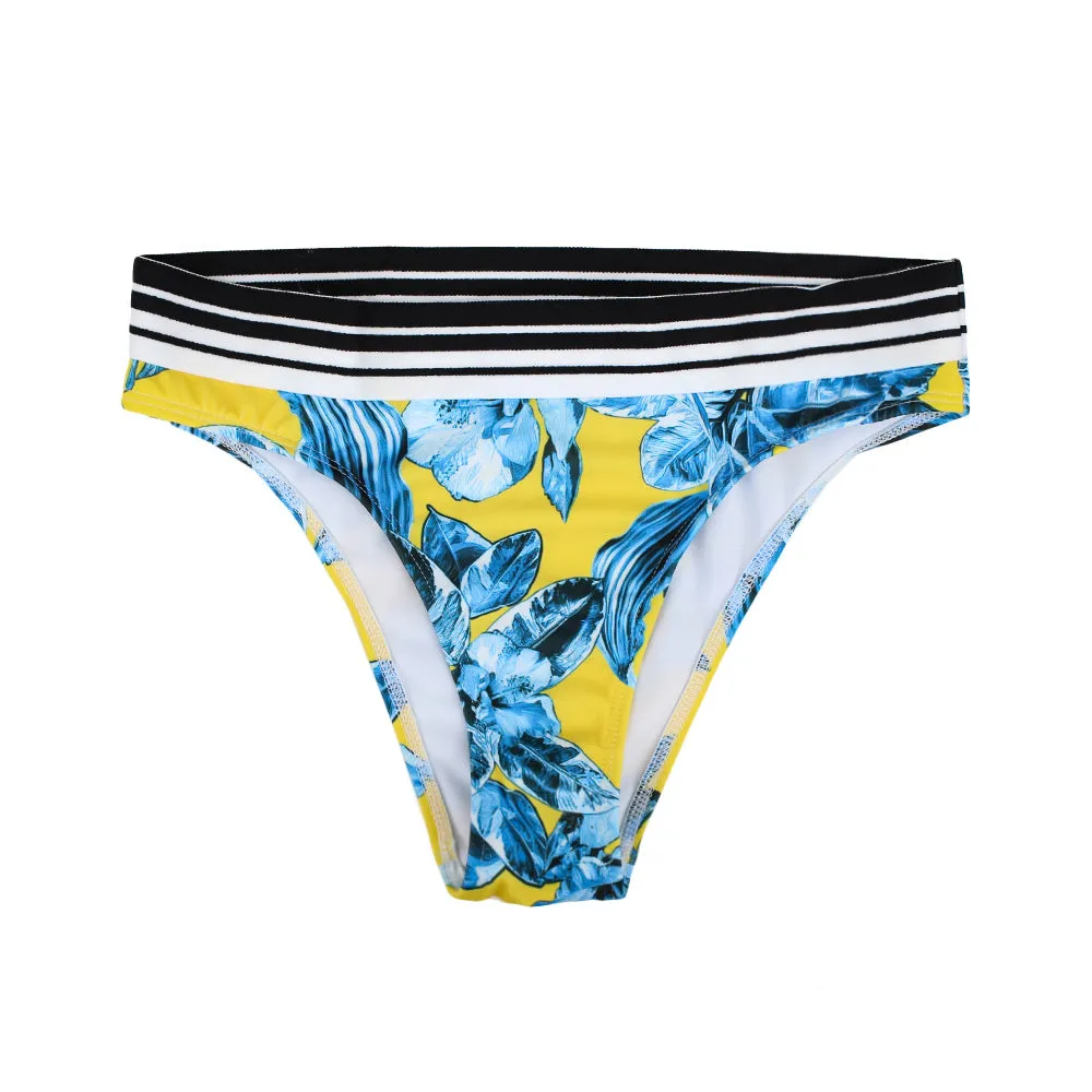 Damen-Bikiniunterteil mit Blumenmuster und gestreiftem Bund, Mehrfarbig