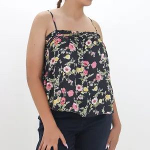 Damen Blumenprint Top, Schwarz