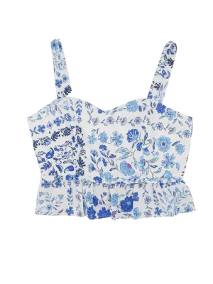 Damen Blumenprint Crop Top, Blau/Weiß
