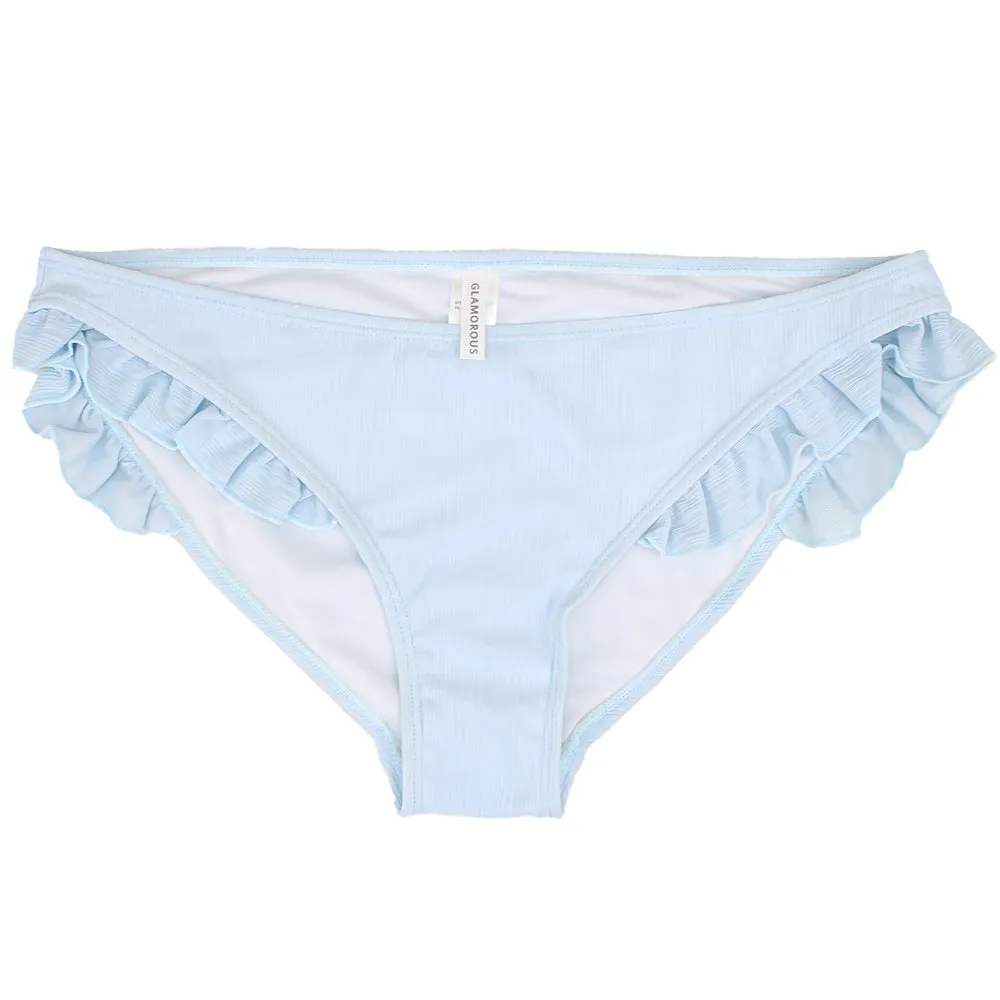 Damen-Bikiniunterteil mit Rüschenseite und Rippstrick, Hellblau