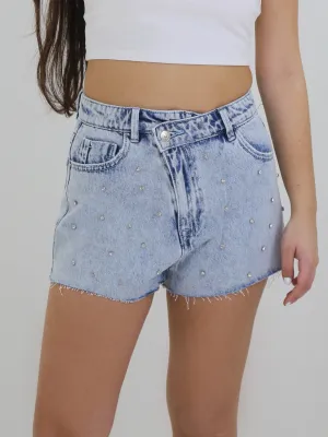 Damen Mini Stonewashed Denim Shorts mit Strass, Hellblau
